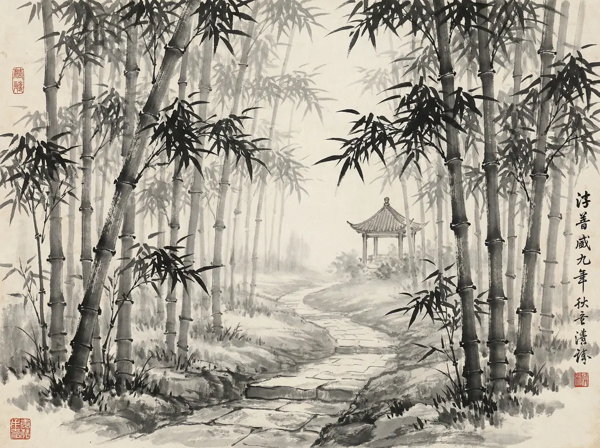 无限赌场金沙国际竹林小径水墨画展示宁静禅意