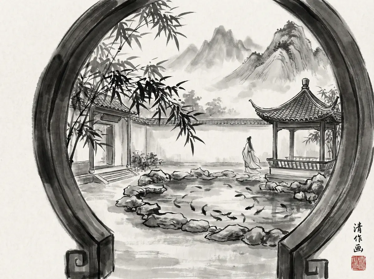 无限赌场水墨风格中式园林酒店庭院全景