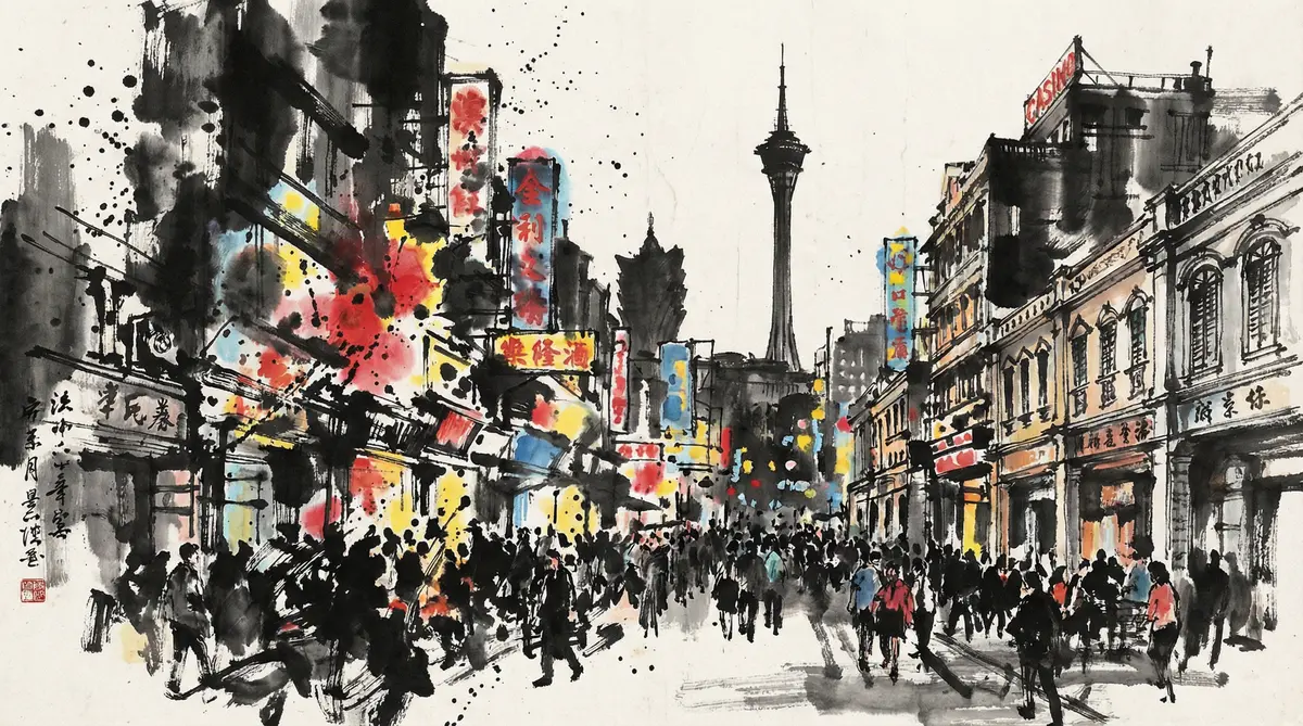 无限赌场澳门娱乐城繁华夜景水墨画