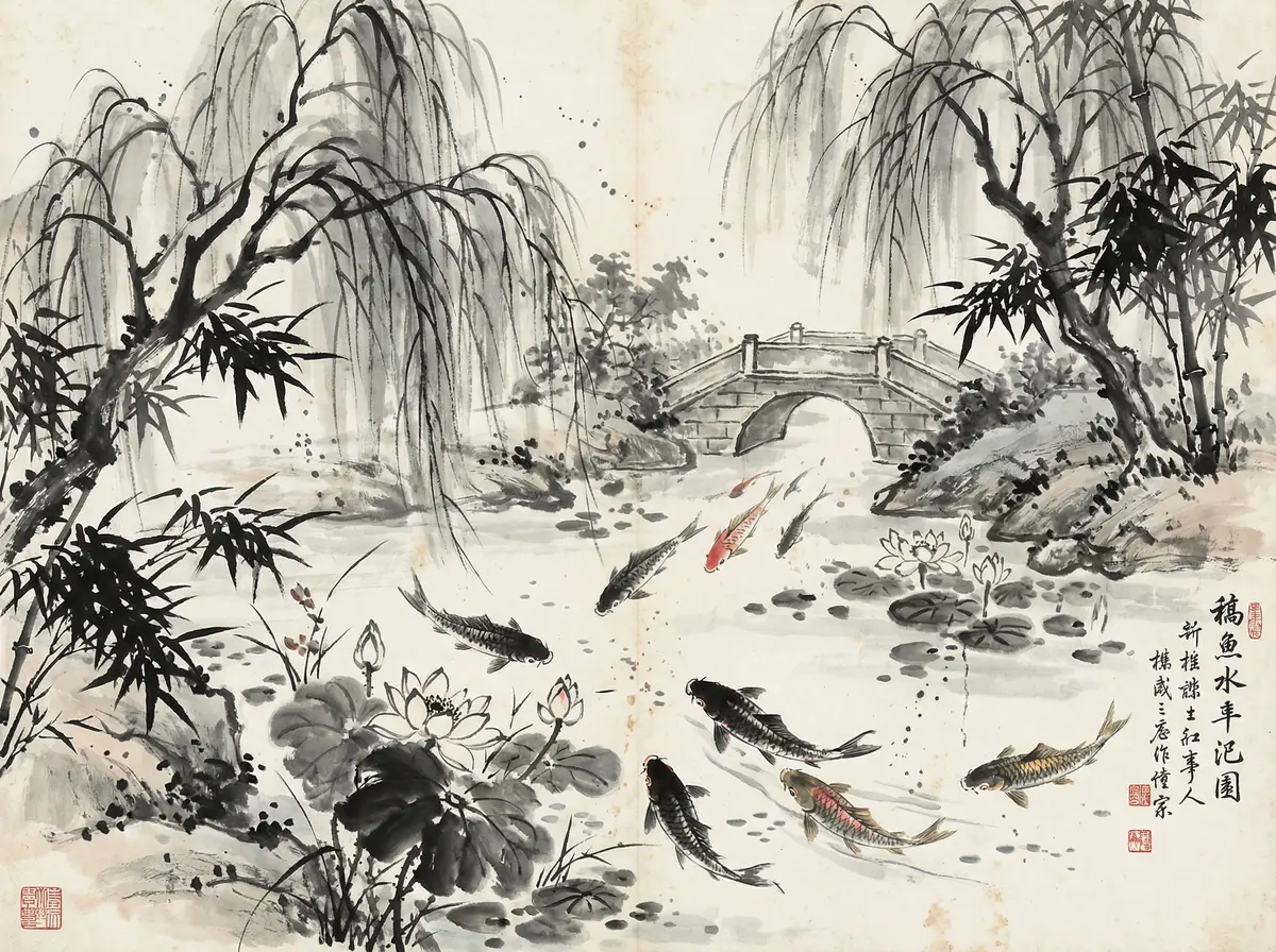 无限赌场金沙国际锦鲤池水墨画展示东方园林元素