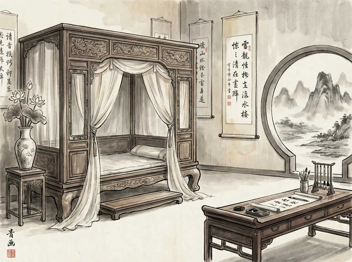 无限赌场水墨主题豪华客房内景展示红木家具与书法挂轴