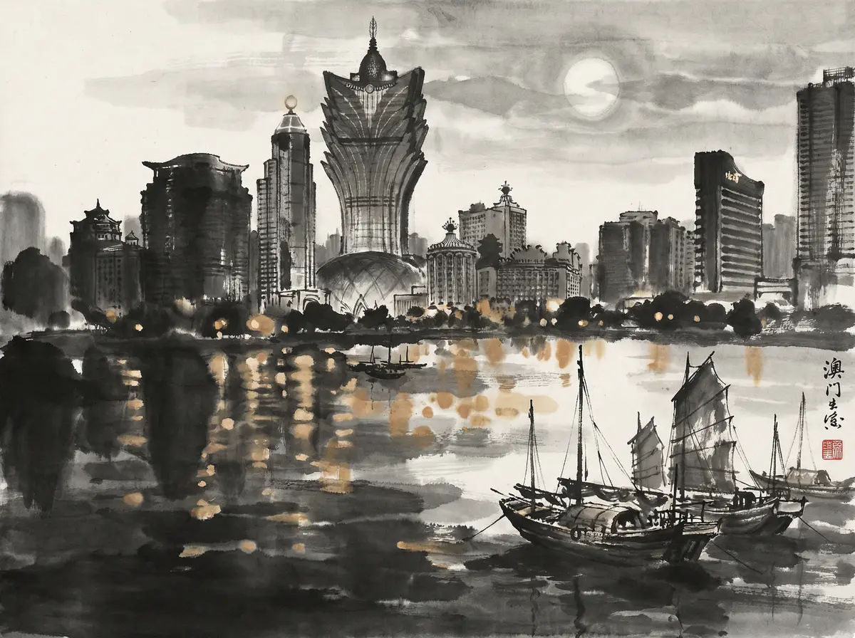 无限赌场澳门夜景水墨画展示新葡京与城市天际线