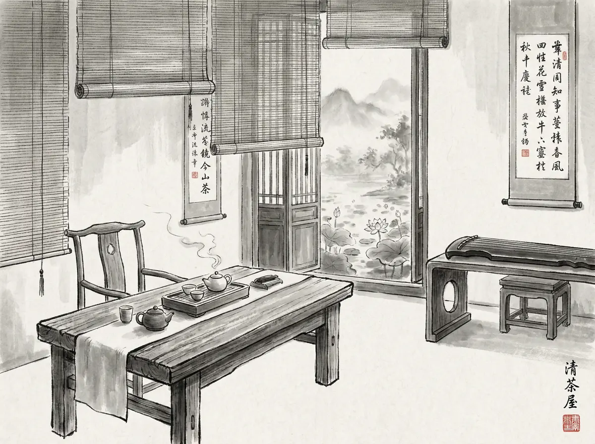 无限赌场听雨轩茶室水墨画风格展示功夫茶具与古琴