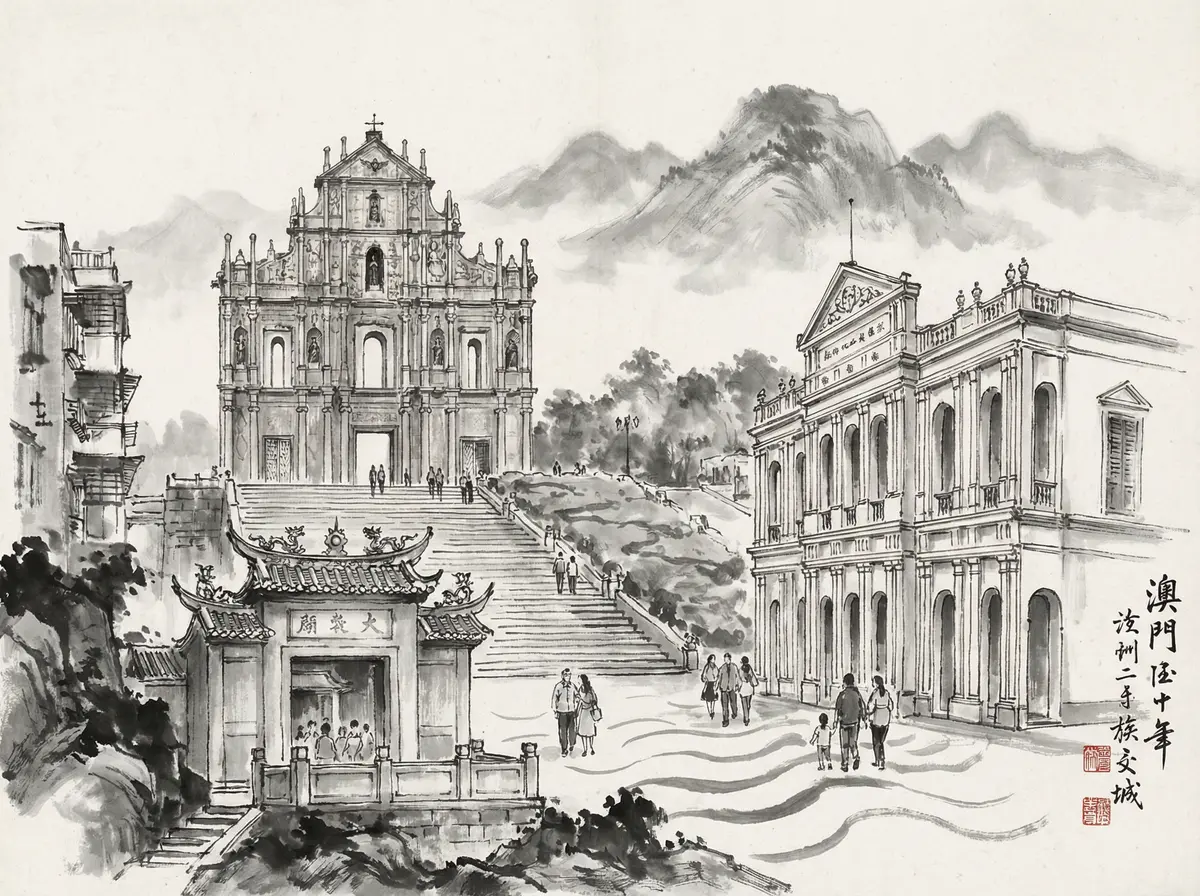 无限赌场推荐澳门大三巴牌坊水墨画风格旅游景点